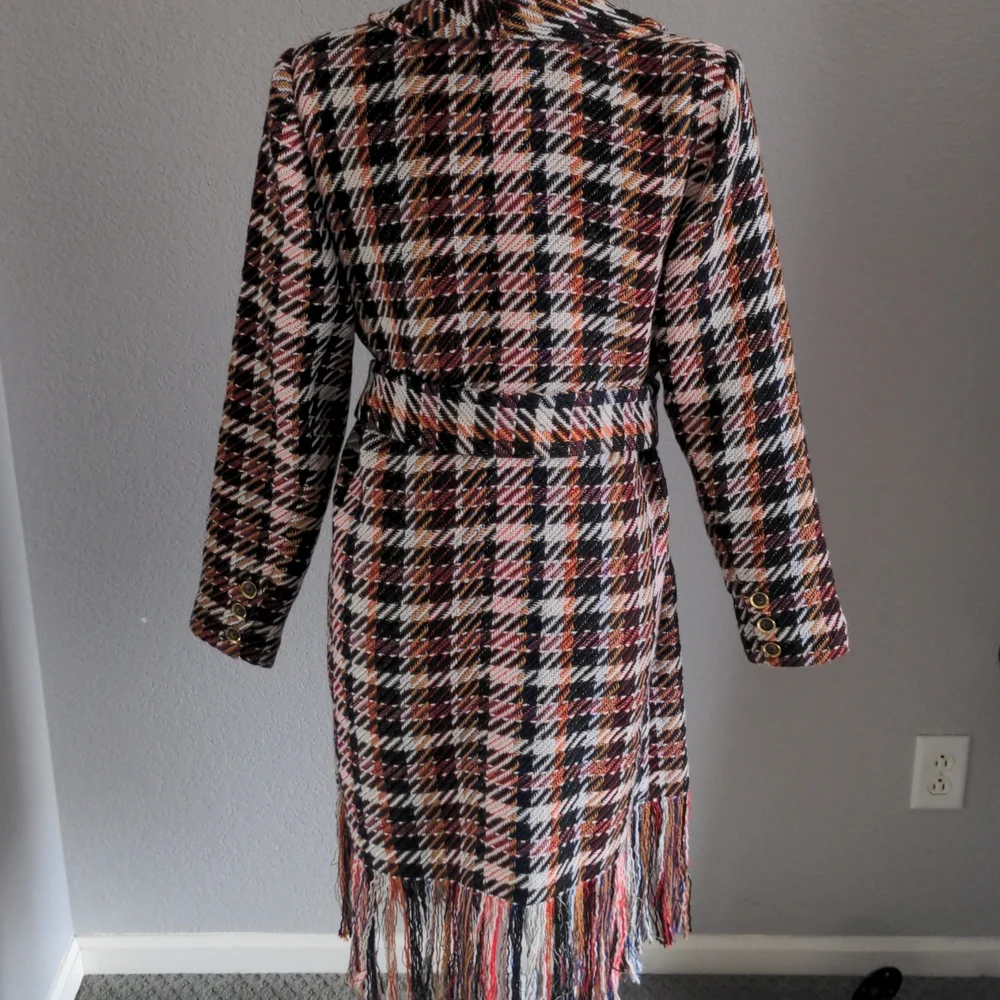 CAbi Regency Belted Noble Plaid Multicolor Coat with Fringe - Picture 6 of 10